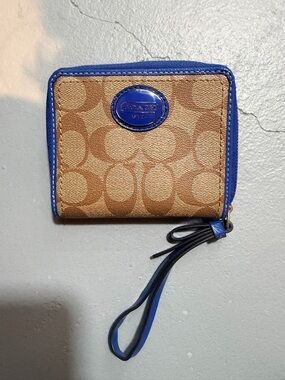 Coach Cream Canvas Wallet with Royal Blue Trim